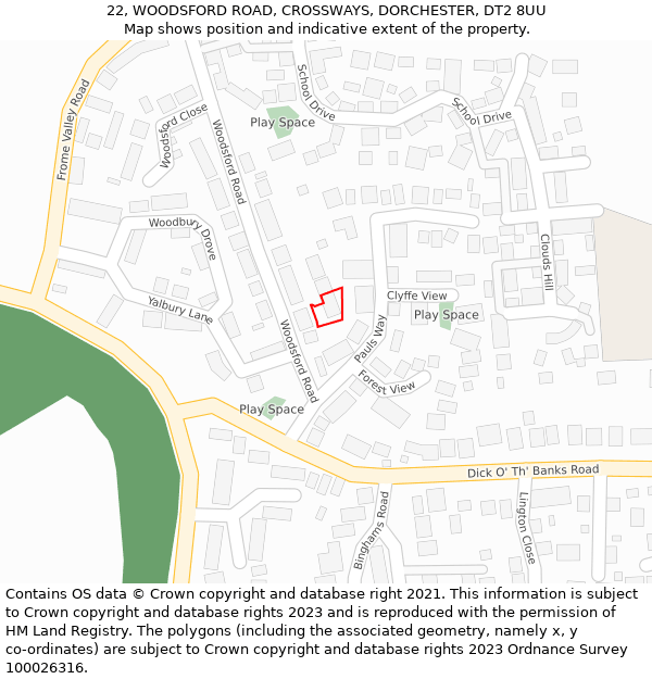 22, WOODSFORD ROAD, CROSSWAYS, DORCHESTER, DT2 8UU: Location map and indicative extent of plot
