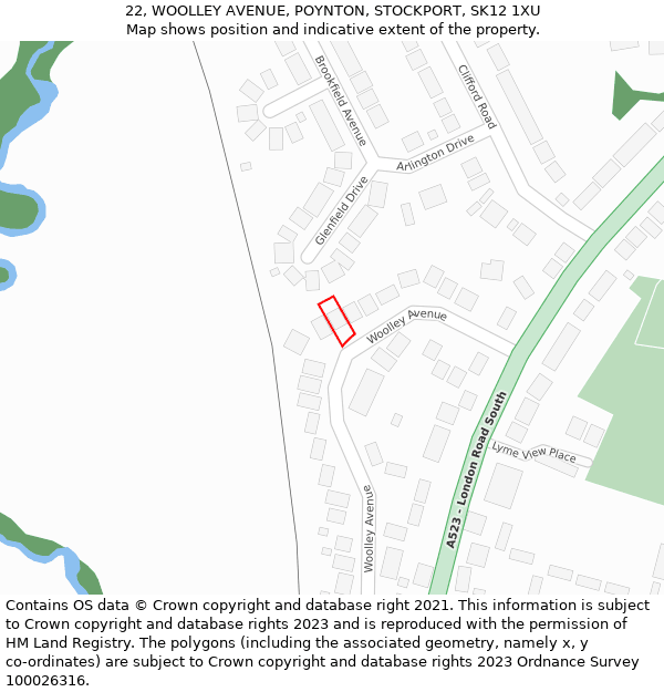 22, WOOLLEY AVENUE, POYNTON, STOCKPORT, SK12 1XU: Location map and indicative extent of plot