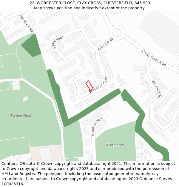 22, WORCESTER CLOSE, CLAY CROSS, CHESTERFIELD, S45 9FB: Location map and indicative extent of plot