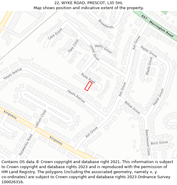 22, WYKE ROAD, PRESCOT, L35 5HL: Location map and indicative extent of plot