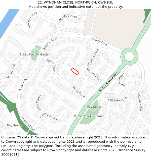 22, WYNDHAM CLOSE, NORTHWICH, CW9 8UL: Location map and indicative extent of plot