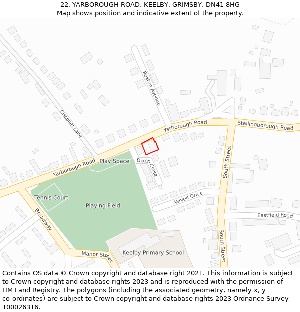 22, YARBOROUGH ROAD, KEELBY, GRIMSBY, DN41 8HG: Location map and indicative extent of plot