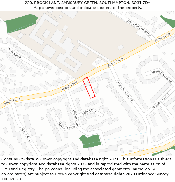 220, BROOK LANE, SARISBURY GREEN, SOUTHAMPTON, SO31 7DY: Location map and indicative extent of plot