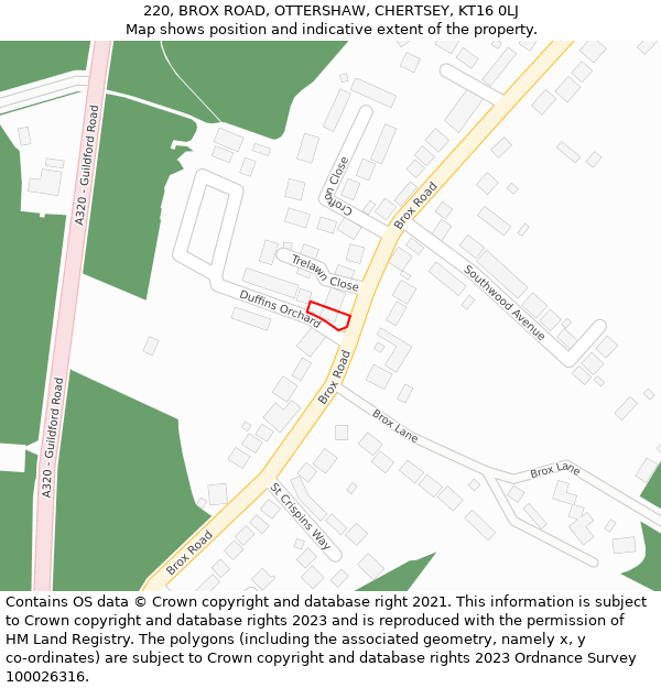 220, BROX ROAD, OTTERSHAW, CHERTSEY, KT16 0LJ: Location map and indicative extent of plot