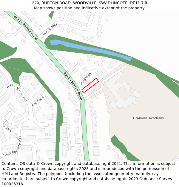 220, BURTON ROAD, WOODVILLE, SWADLINCOTE, DE11 7JR: Location map and indicative extent of plot