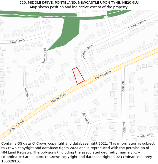 220, MIDDLE DRIVE, PONTELAND, NEWCASTLE UPON TYNE, NE20 9LU: Location map and indicative extent of plot