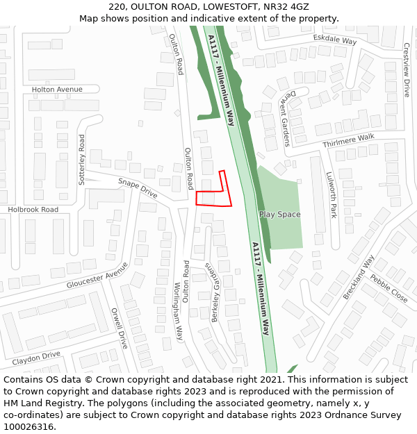 220, OULTON ROAD, LOWESTOFT, NR32 4GZ: Location map and indicative extent of plot