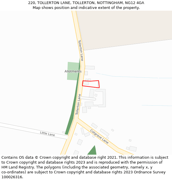220, TOLLERTON LANE, TOLLERTON, NOTTINGHAM, NG12 4GA: Location map and indicative extent of plot