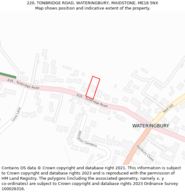 220, TONBRIDGE ROAD, WATERINGBURY, MAIDSTONE, ME18 5NX: Location map and indicative extent of plot