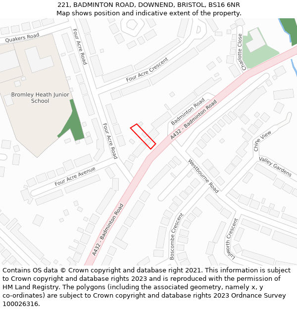 221, BADMINTON ROAD, DOWNEND, BRISTOL, BS16 6NR: Location map and indicative extent of plot