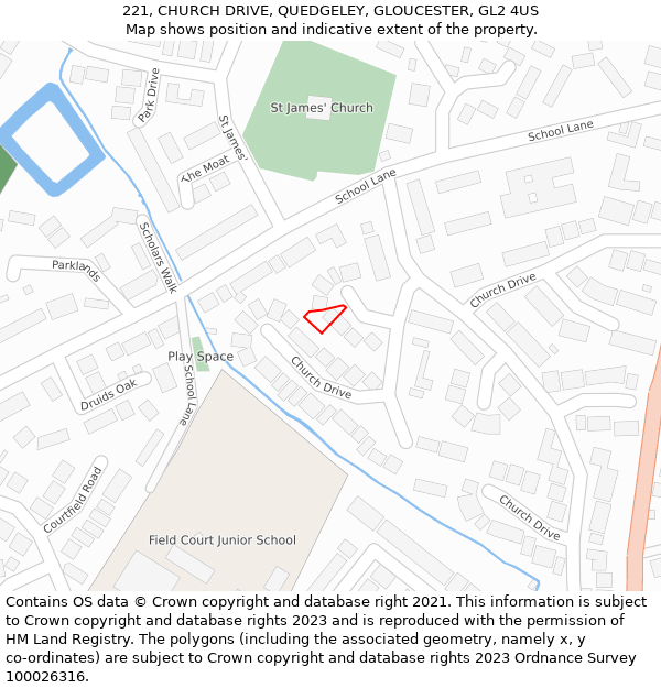 221, CHURCH DRIVE, QUEDGELEY, GLOUCESTER, GL2 4US: Location map and indicative extent of plot