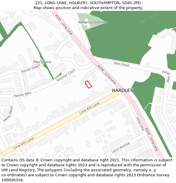 221, LONG LANE, HOLBURY, SOUTHAMPTON, SO45 2PD: Location map and indicative extent of plot