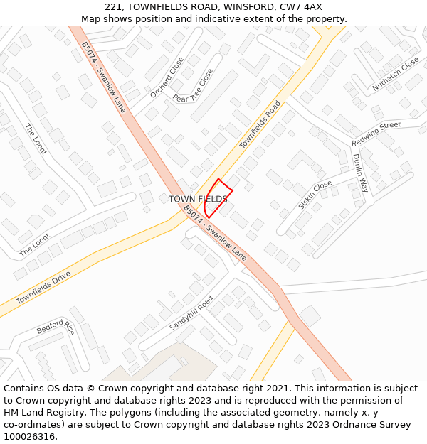 221, TOWNFIELDS ROAD, WINSFORD, CW7 4AX: Location map and indicative extent of plot