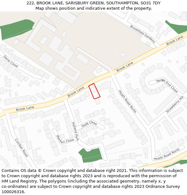 222, BROOK LANE, SARISBURY GREEN, SOUTHAMPTON, SO31 7DY: Location map and indicative extent of plot