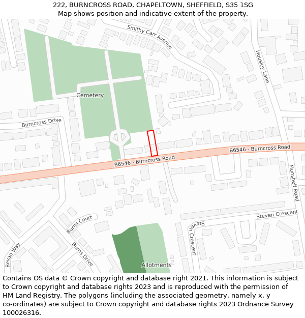 222, BURNCROSS ROAD, CHAPELTOWN, SHEFFIELD, S35 1SG: Location map and indicative extent of plot