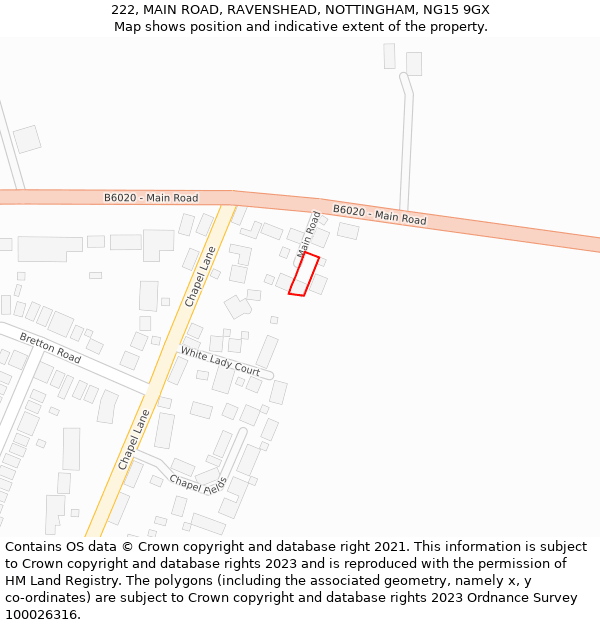 222, MAIN ROAD, RAVENSHEAD, NOTTINGHAM, NG15 9GX: Location map and indicative extent of plot