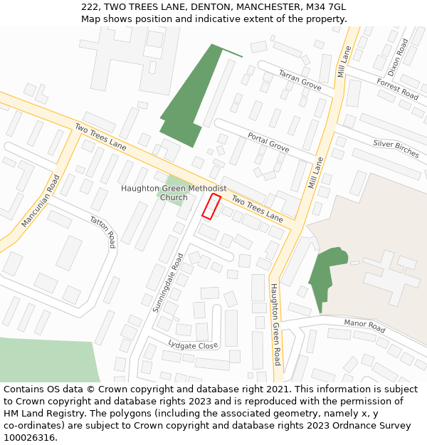 222, TWO TREES LANE, DENTON, MANCHESTER, M34 7GL: Location map and indicative extent of plot