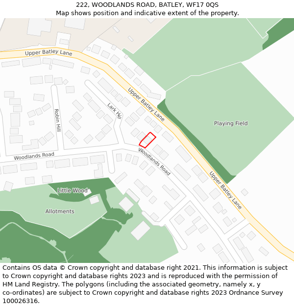 222, WOODLANDS ROAD, BATLEY, WF17 0QS: Location map and indicative extent of plot