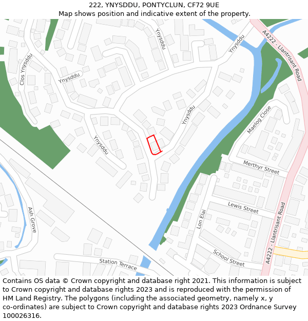 222, YNYSDDU, PONTYCLUN, CF72 9UE: Location map and indicative extent of plot