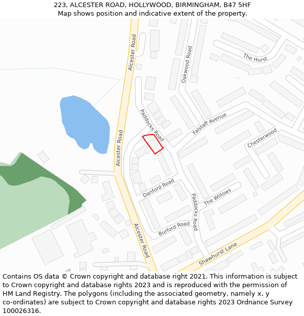 223, ALCESTER ROAD, HOLLYWOOD, BIRMINGHAM, B47 5HF: Location map and indicative extent of plot