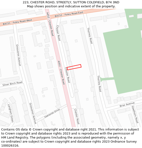 223, CHESTER ROAD, STREETLY, SUTTON COLDFIELD, B74 3ND: Location map and indicative extent of plot