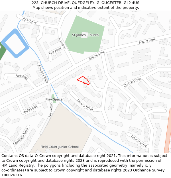 223, CHURCH DRIVE, QUEDGELEY, GLOUCESTER, GL2 4US: Location map and indicative extent of plot