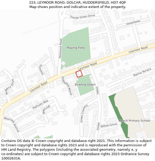 223, LEYMOOR ROAD, GOLCAR, HUDDERSFIELD, HD7 4QP: Location map and indicative extent of plot