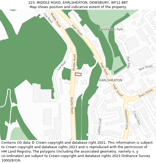 223, MIDDLE ROAD, EARLSHEATON, DEWSBURY, WF12 8BT: Location map and indicative extent of plot