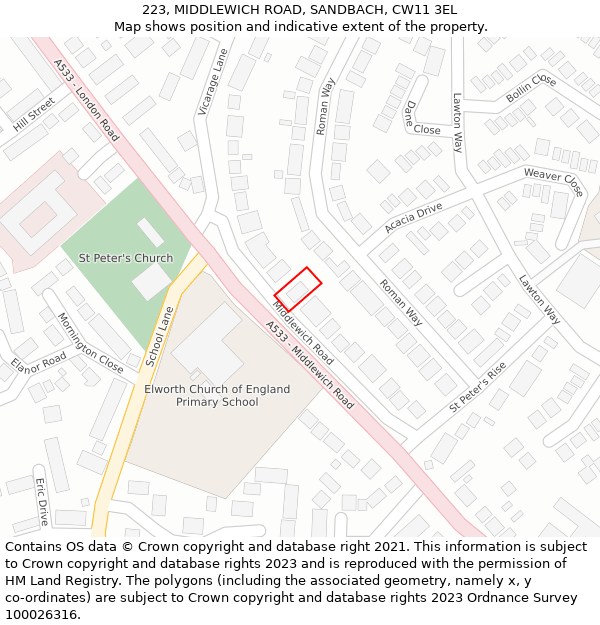 223, MIDDLEWICH ROAD, SANDBACH, CW11 3EL: Location map and indicative extent of plot