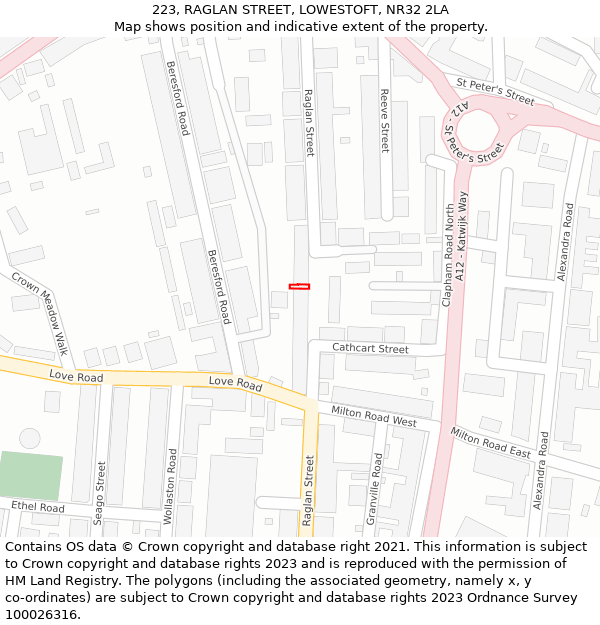 223, RAGLAN STREET, LOWESTOFT, NR32 2LA: Location map and indicative extent of plot
