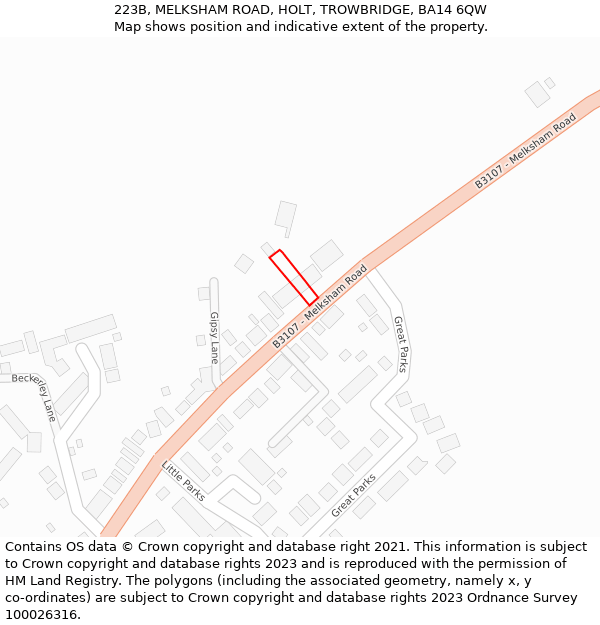 223B, MELKSHAM ROAD, HOLT, TROWBRIDGE, BA14 6QW: Location map and indicative extent of plot