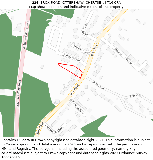 224, BROX ROAD, OTTERSHAW, CHERTSEY, KT16 0RA: Location map and indicative extent of plot