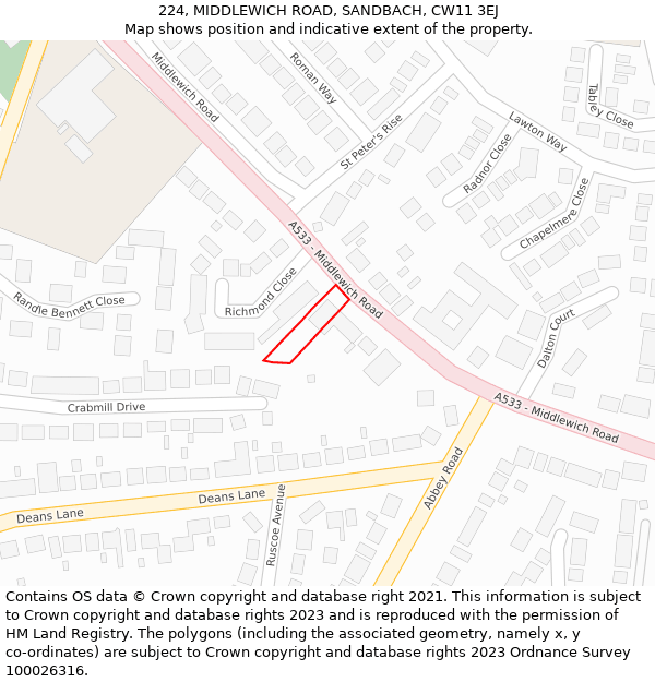 224, MIDDLEWICH ROAD, SANDBACH, CW11 3EJ: Location map and indicative extent of plot