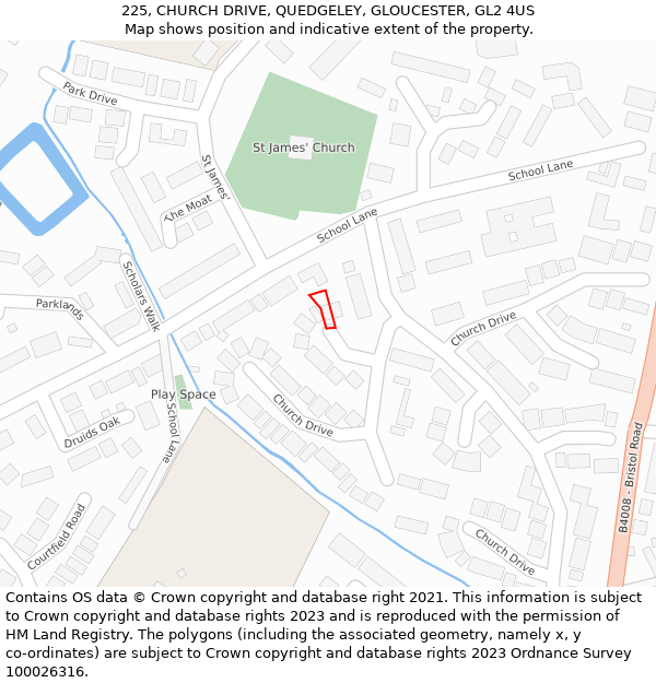 225, CHURCH DRIVE, QUEDGELEY, GLOUCESTER, GL2 4US: Location map and indicative extent of plot