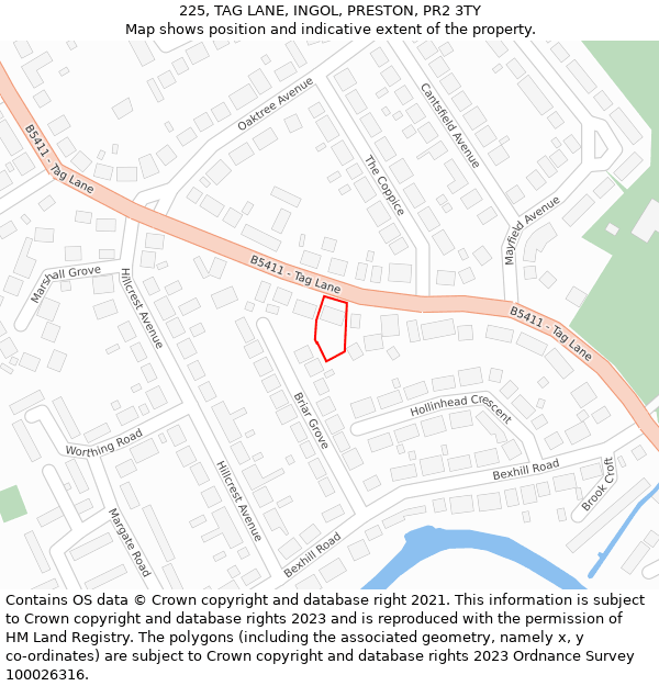 225, TAG LANE, INGOL, PRESTON, PR2 3TY: Location map and indicative extent of plot