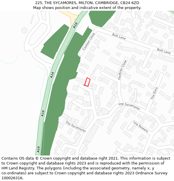 225, THE SYCAMORES, MILTON, CAMBRIDGE, CB24 6ZD: Location map and indicative extent of plot