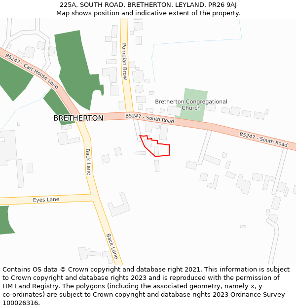 225A, SOUTH ROAD, BRETHERTON, LEYLAND, PR26 9AJ: Location map and indicative extent of plot