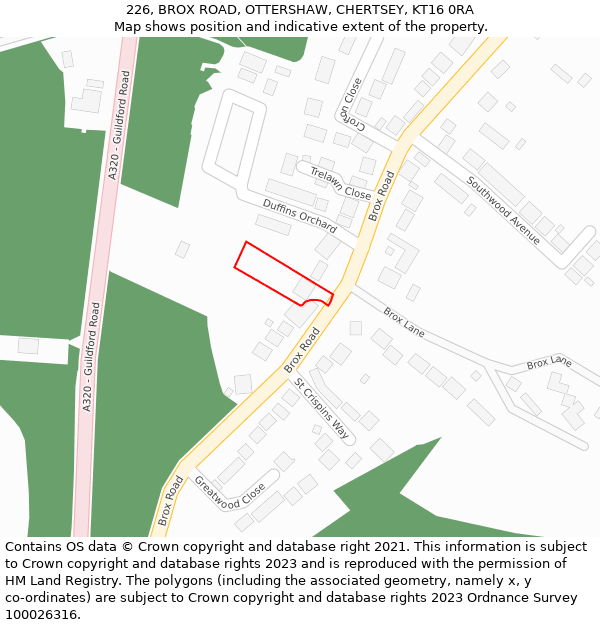 226, BROX ROAD, OTTERSHAW, CHERTSEY, KT16 0RA: Location map and indicative extent of plot