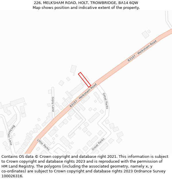 226, MELKSHAM ROAD, HOLT, TROWBRIDGE, BA14 6QW: Location map and indicative extent of plot