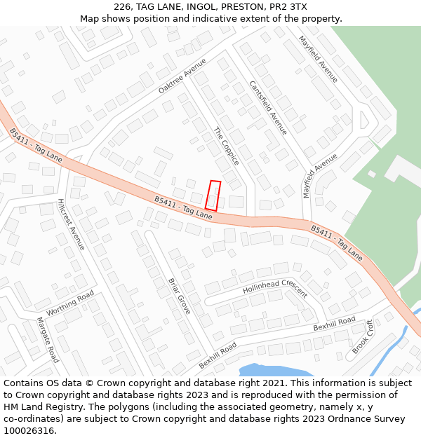 226, TAG LANE, INGOL, PRESTON, PR2 3TX: Location map and indicative extent of plot