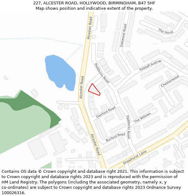 227, ALCESTER ROAD, HOLLYWOOD, BIRMINGHAM, B47 5HF: Location map and indicative extent of plot