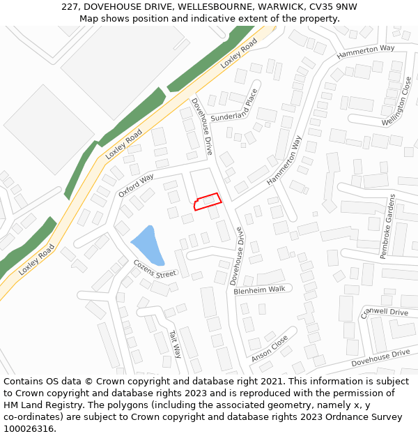 227, DOVEHOUSE DRIVE, WELLESBOURNE, WARWICK, CV35 9NW: Location map and indicative extent of plot