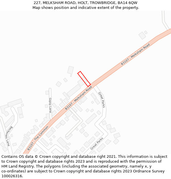 227, MELKSHAM ROAD, HOLT, TROWBRIDGE, BA14 6QW: Location map and indicative extent of plot