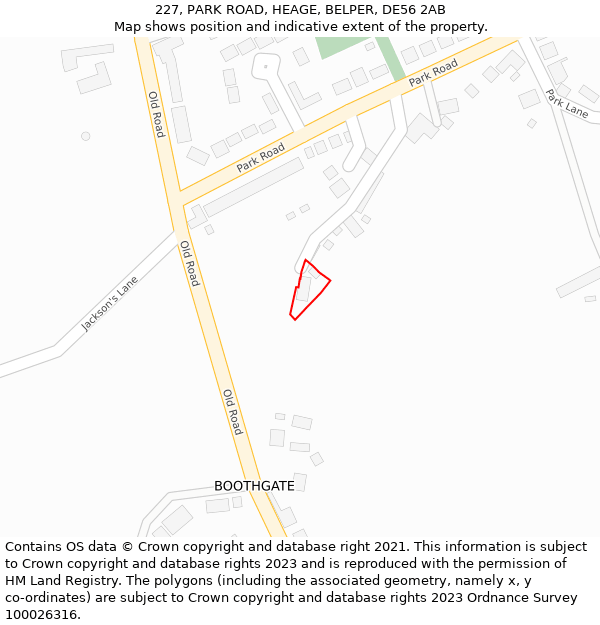 227, PARK ROAD, HEAGE, BELPER, DE56 2AB: Location map and indicative extent of plot