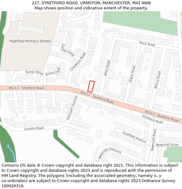 227, STRETFORD ROAD, URMSTON, MANCHESTER, M41 9WB: Location map and indicative extent of plot