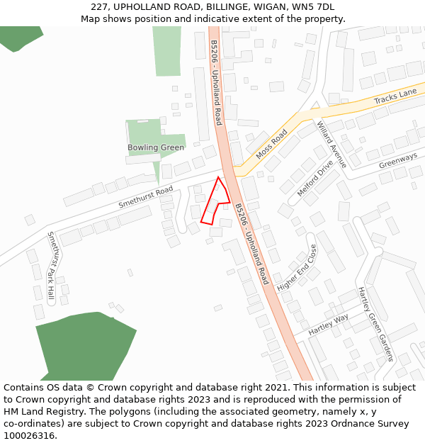227, UPHOLLAND ROAD, BILLINGE, WIGAN, WN5 7DL: Location map and indicative extent of plot