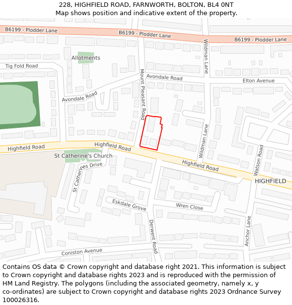 228, HIGHFIELD ROAD, FARNWORTH, BOLTON, BL4 0NT: Location map and indicative extent of plot