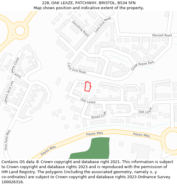 228, OAK LEAZE, PATCHWAY, BRISTOL, BS34 5FN: Location map and indicative extent of plot