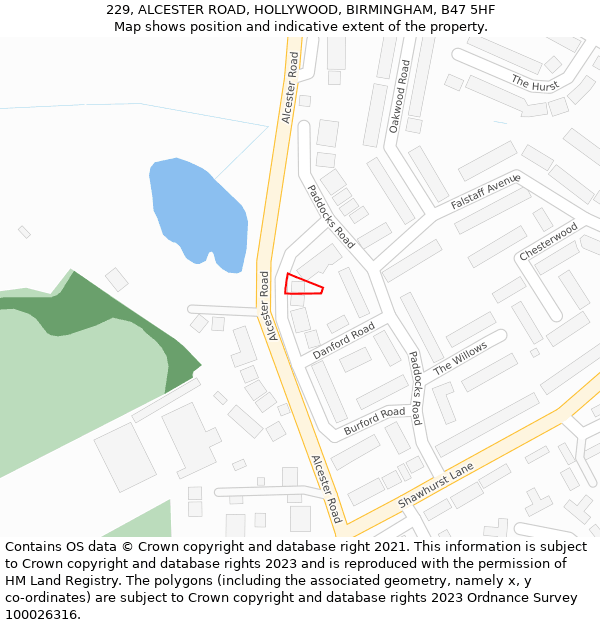 229, ALCESTER ROAD, HOLLYWOOD, BIRMINGHAM, B47 5HF: Location map and indicative extent of plot