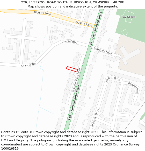 229, LIVERPOOL ROAD SOUTH, BURSCOUGH, ORMSKIRK, L40 7RE: Location map and indicative extent of plot
